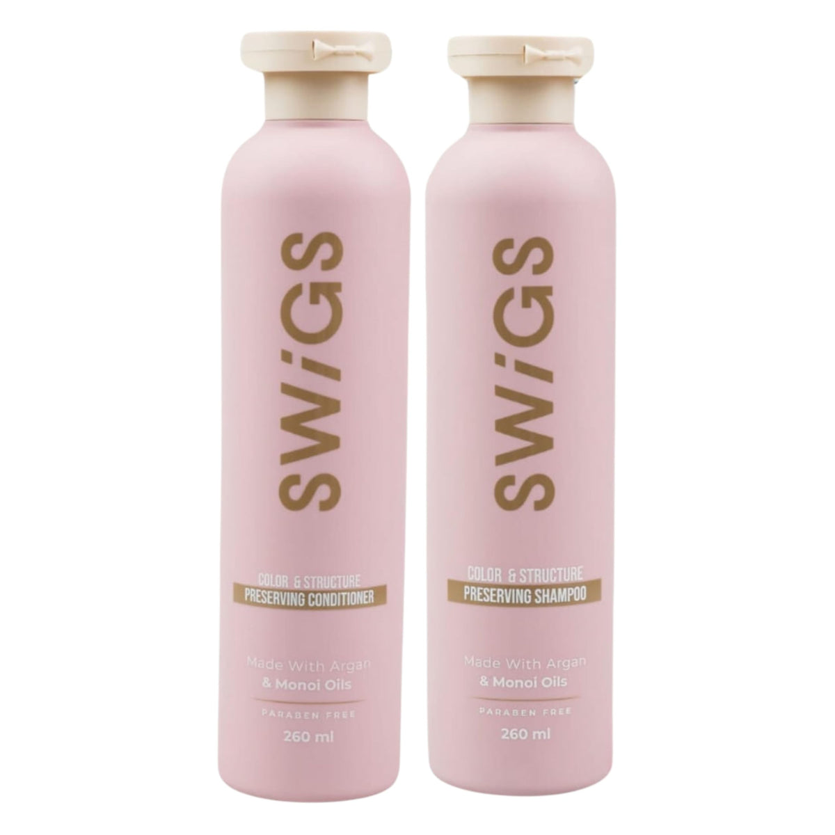 SWIGS shampoo bottle closeup for color-safe wig cleansing.