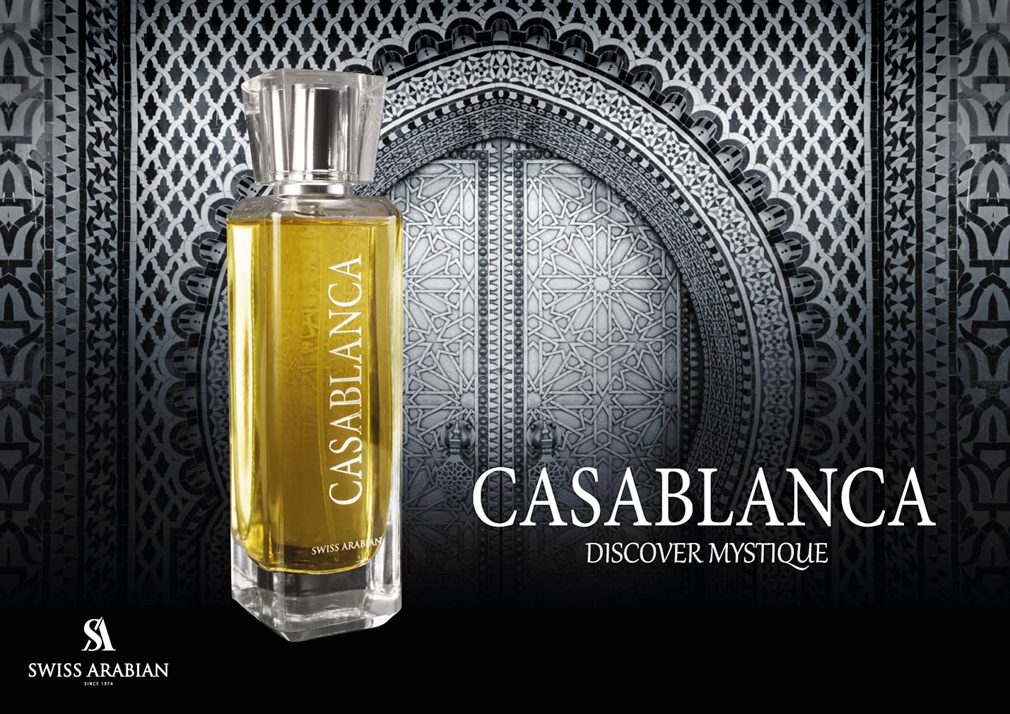 Swiss Arabian Casablanca bottle closeup highlights apple and grape notes.
