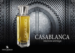 Swiss Arabian Casablanca bottle closeup highlights apple and grape notes.