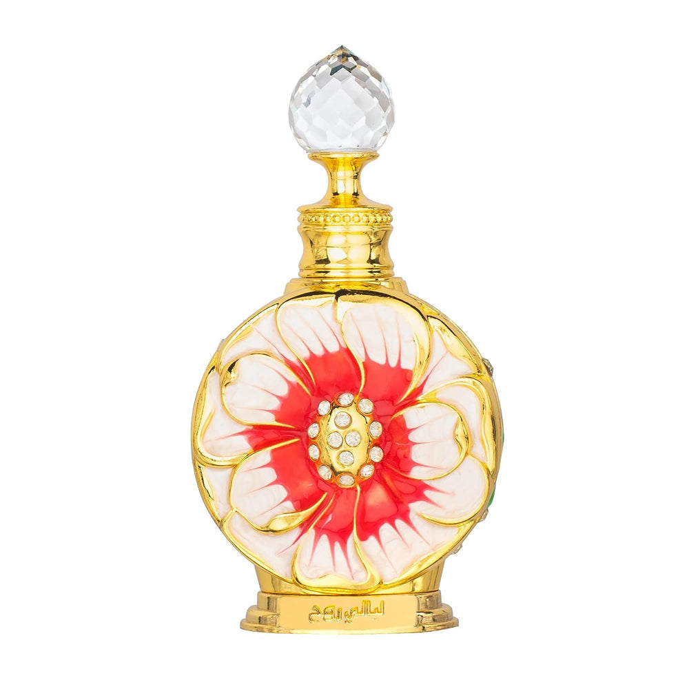 Swiss Arabian Layali Rouge bottle highlights luxury perfume oil with long-lasting aroma.