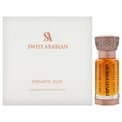 Swiss Arabian Private Oud bottle closeup shows long-lasting luxury fragrance for evening wear.