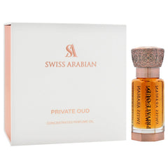 Swiss Arabian Private Oud jasmine-tonka core suggests deep, lasting aura on skin.