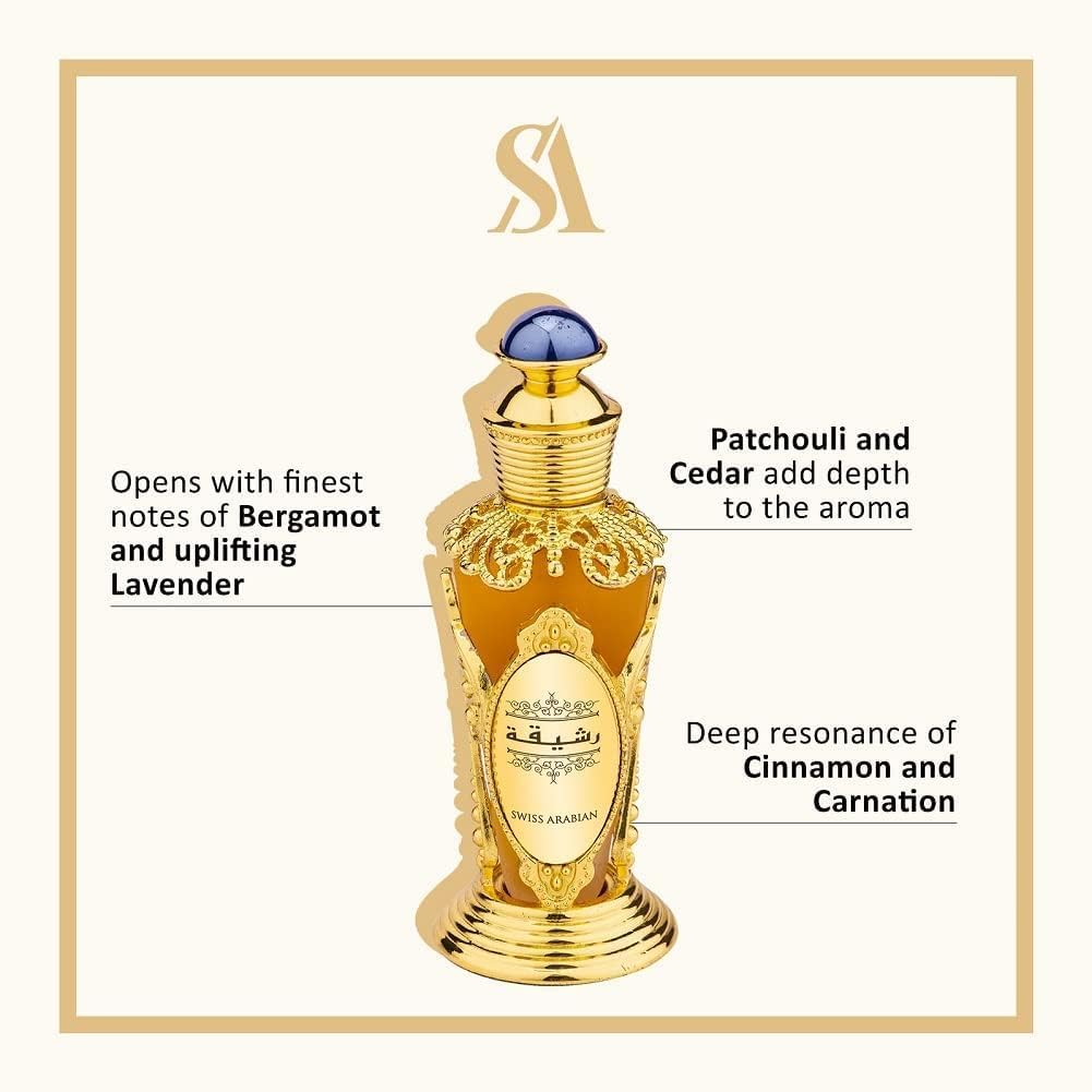 Swiss Arabian Rasheeqa green notes bottle highlights fresh, revitalizing scent.