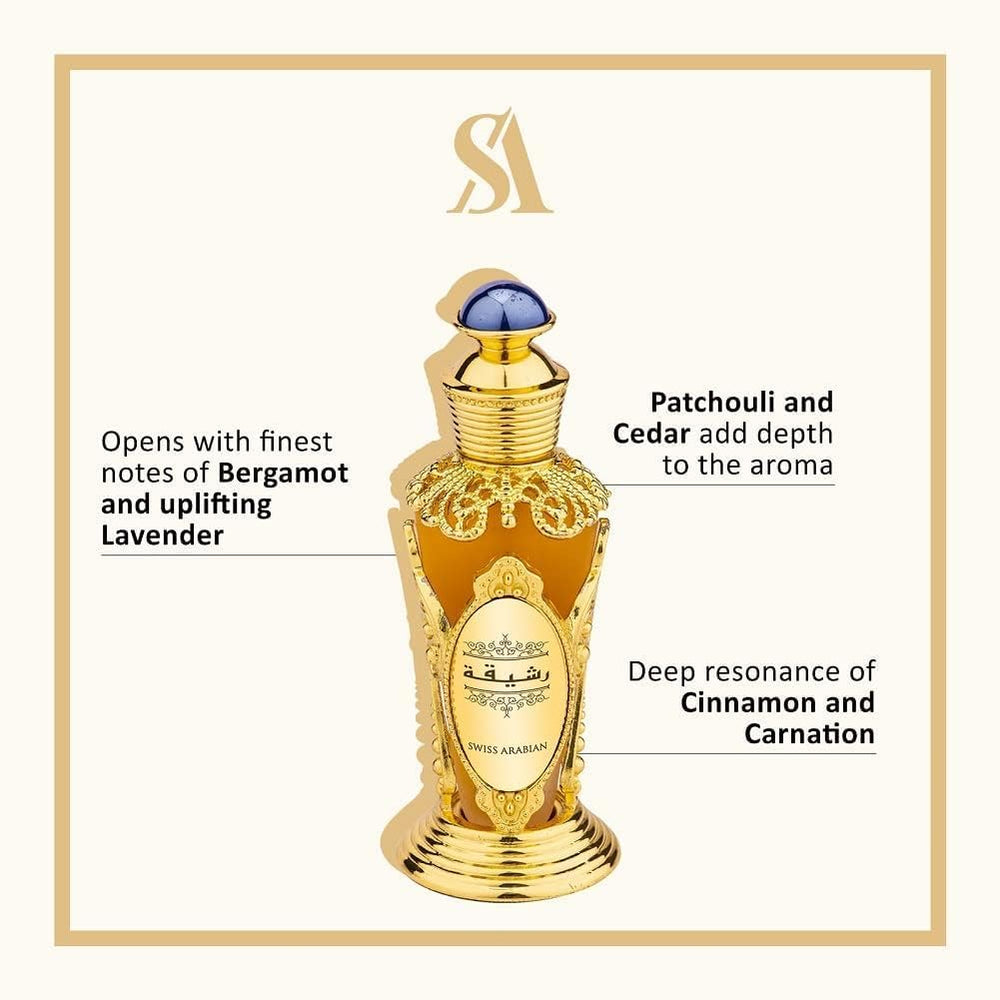 Swiss Arabian Rasheeqa green notes bottle highlights fresh, revitalizing scent.