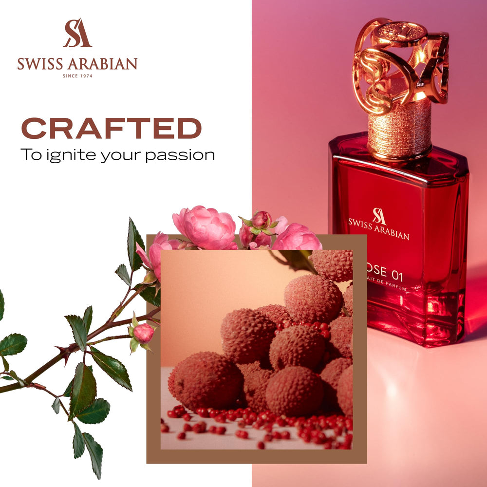 Swiss Arabian Rose 01 luxury vanilla musk bottle on vanity.