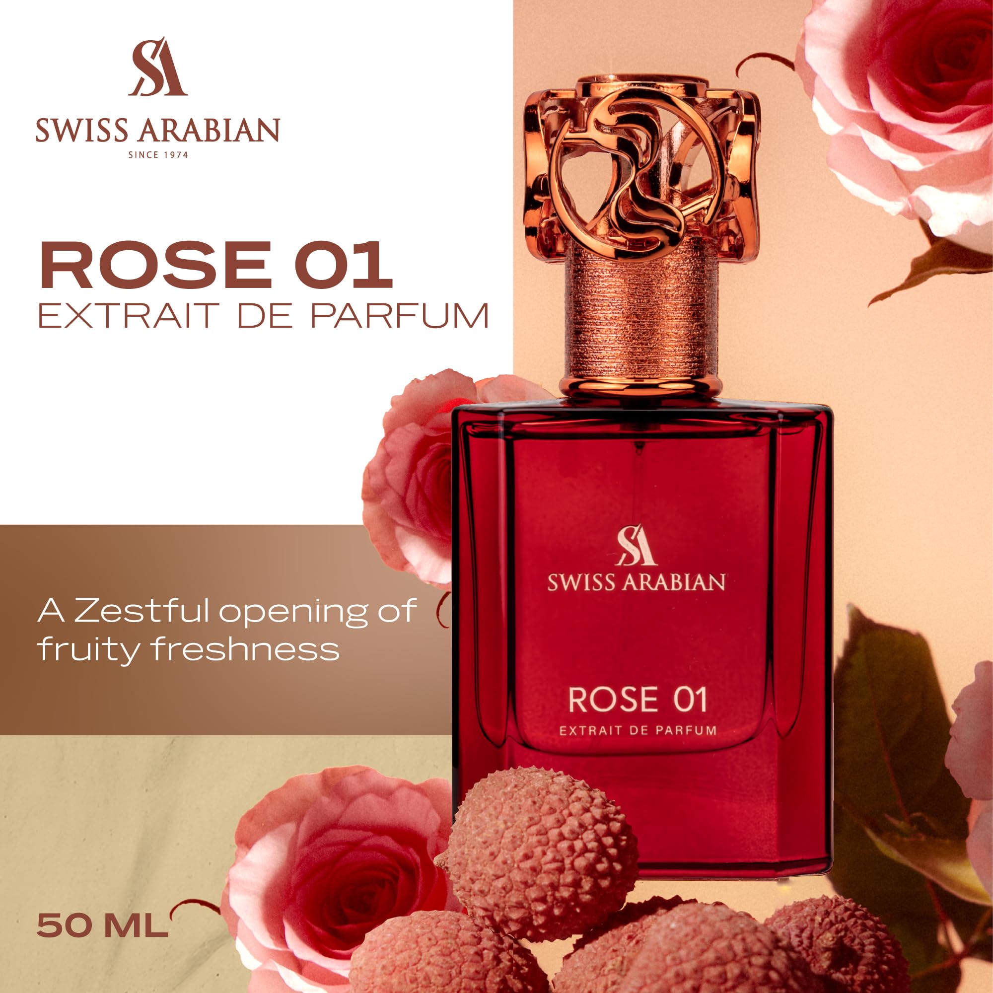 Swiss Arabian Rose 01 spritz on wrist for a refined evening-ready aroma.