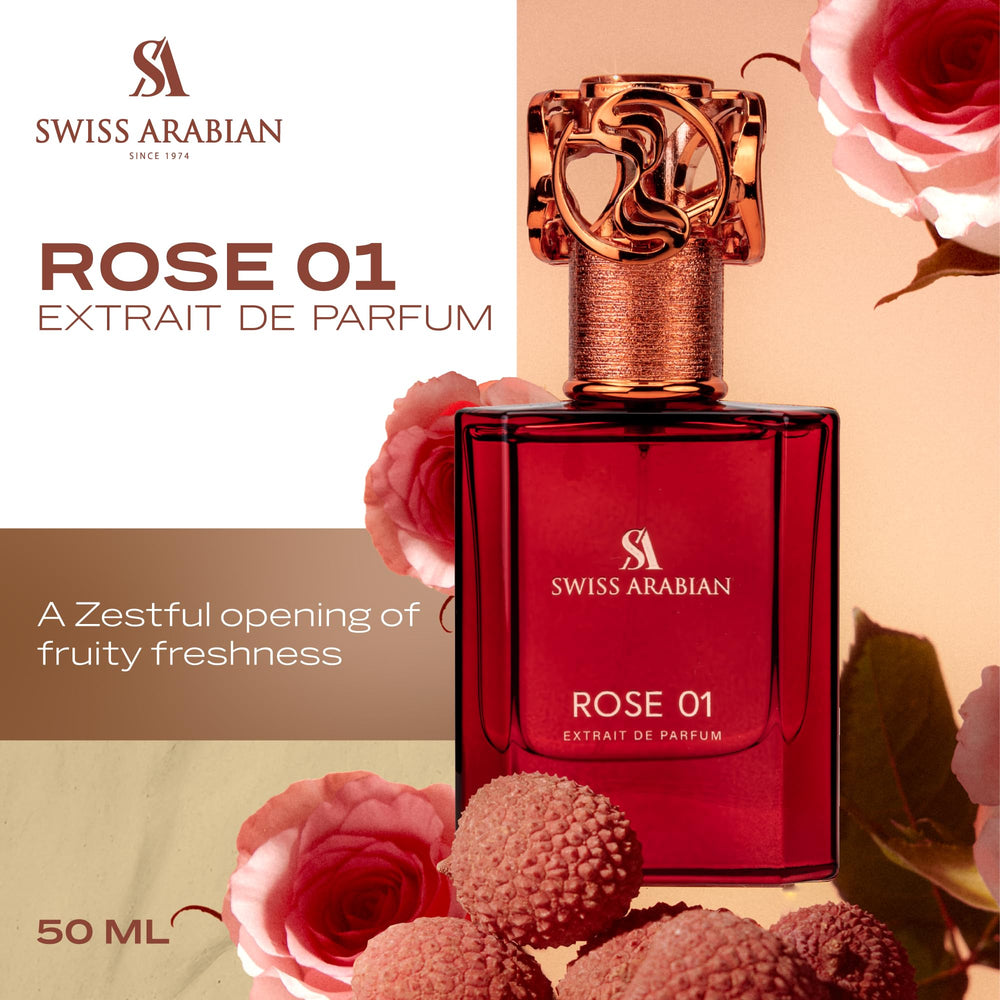 Swiss Arabian Rose 01 spritz on wrist for a refined evening-ready aroma.