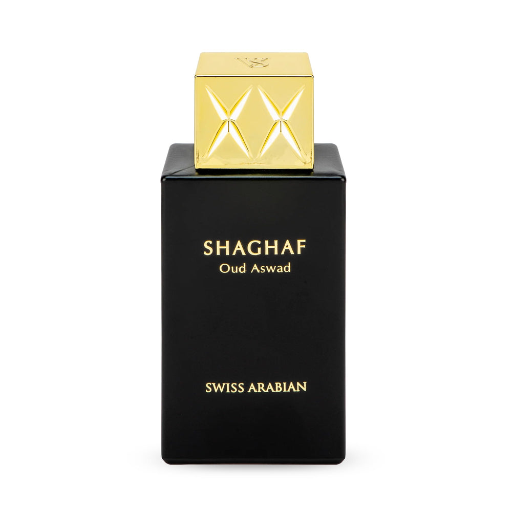 Swiss Arabian Shaghaf Oud Aswad bottle—premium oud fragrance for lasting presence.