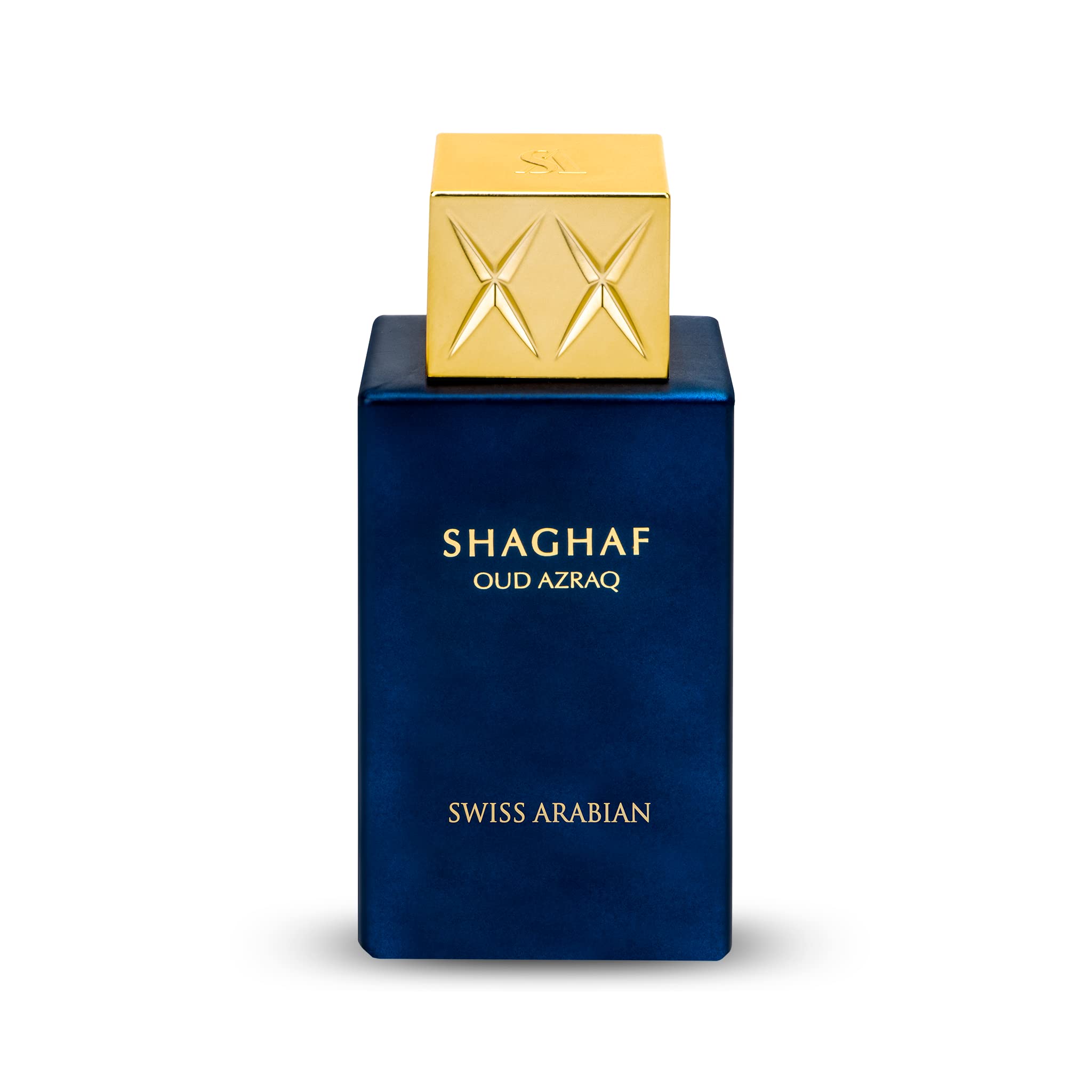 Swiss Arabian Shaghaf Oud Azraq bottle front on luxurious surface for evening wear