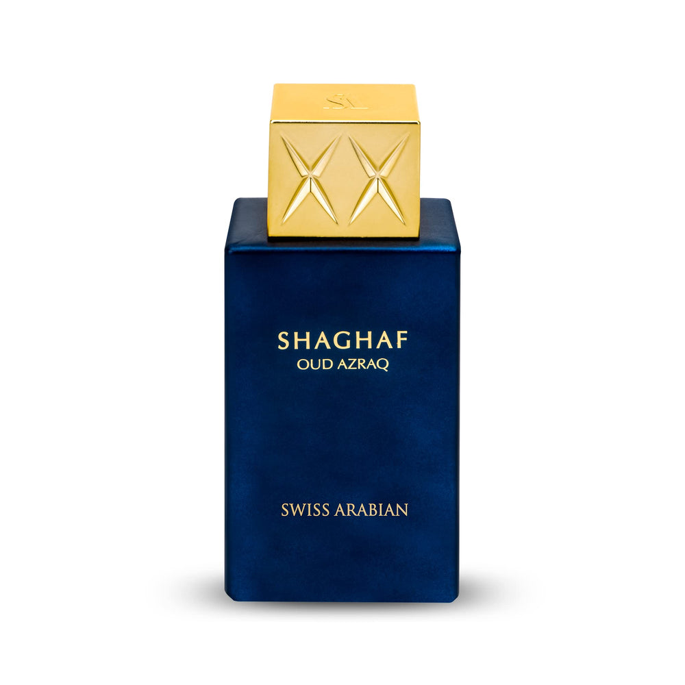 Swiss Arabian Shaghaf Oud Azraq bottle front on luxurious surface for evening wear