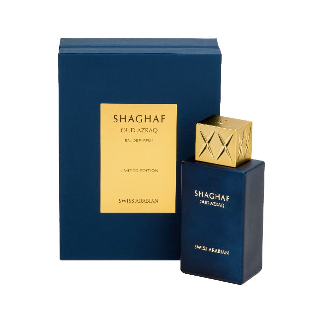 Swiss Arabian Shaghaf Oud Azraq well-lit bottle emphasizes lasting signature scent