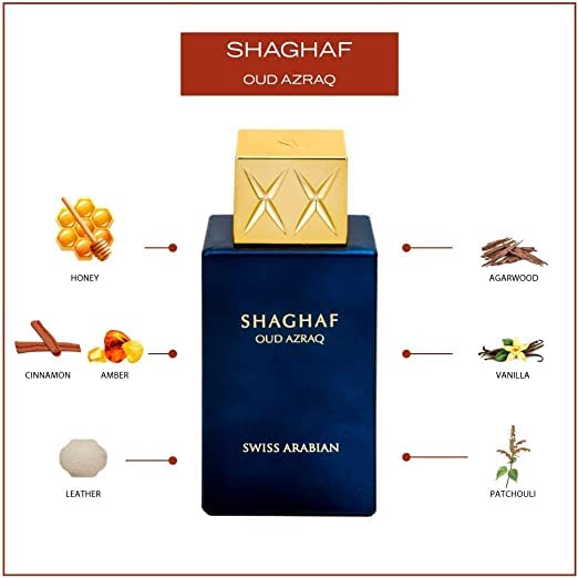 Swiss Arabian Shaghaf Oud Azraq bottle side shows premium presentation and refined style