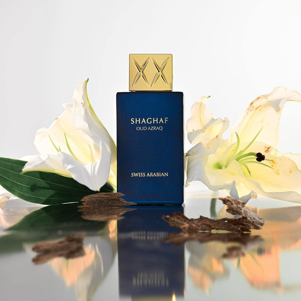 Swiss Arabian Shaghaf Oud Azraq packaging box communicates premium gifting appeal