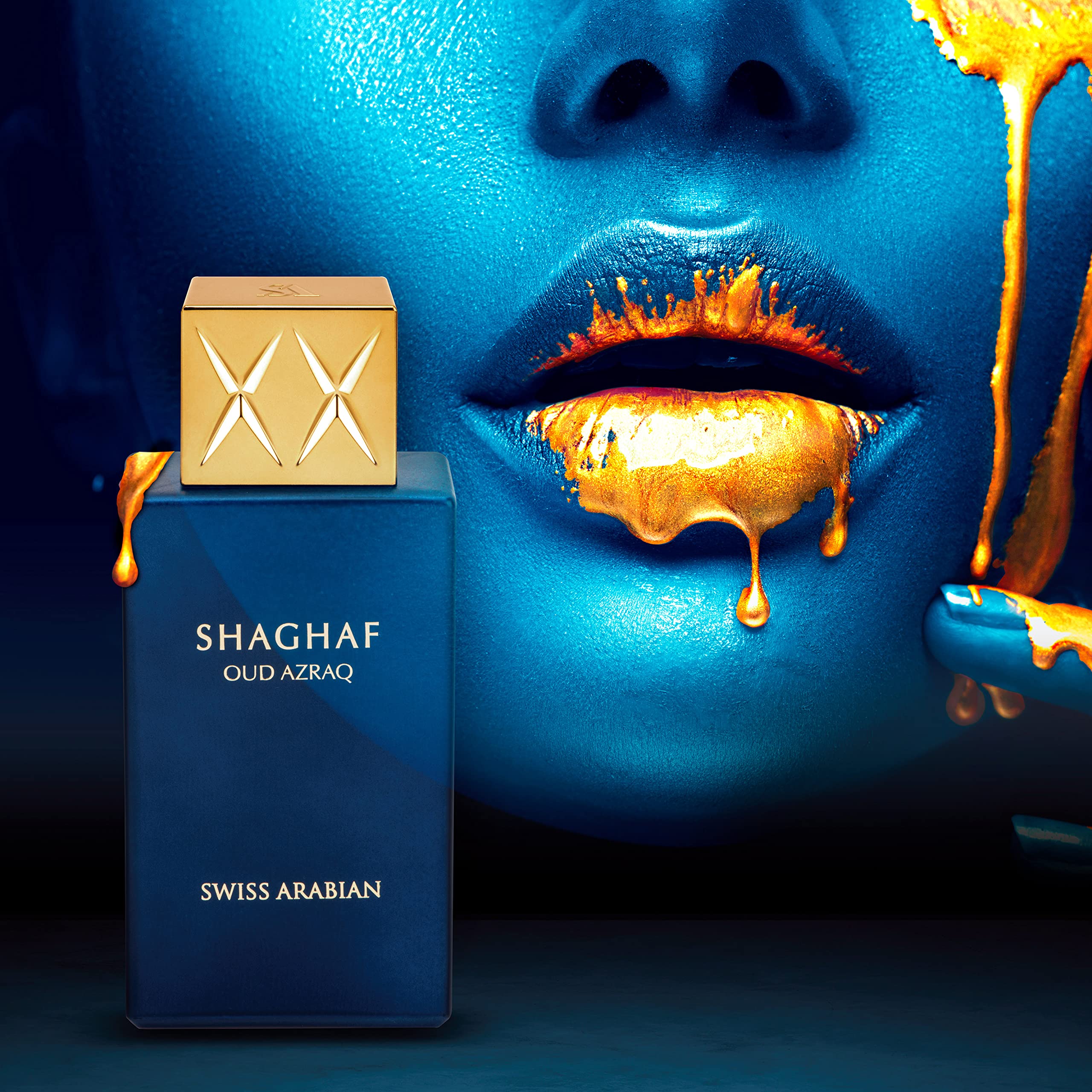 Swiss Arabian Shaghaf Oud Azraq sprayer action shot captures immediate fragrance experience