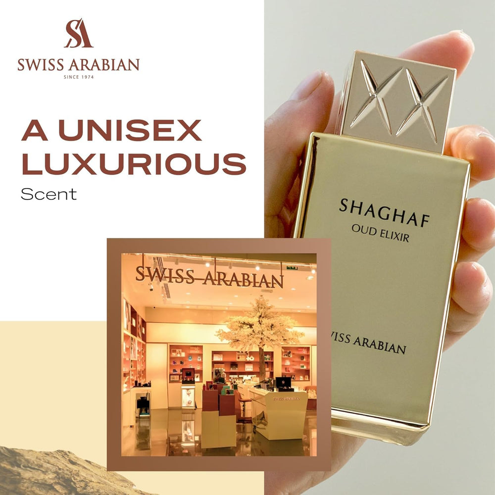 Swiss Arabian Shaghaf Oud Elixir bottle against amber tones evokes warmth