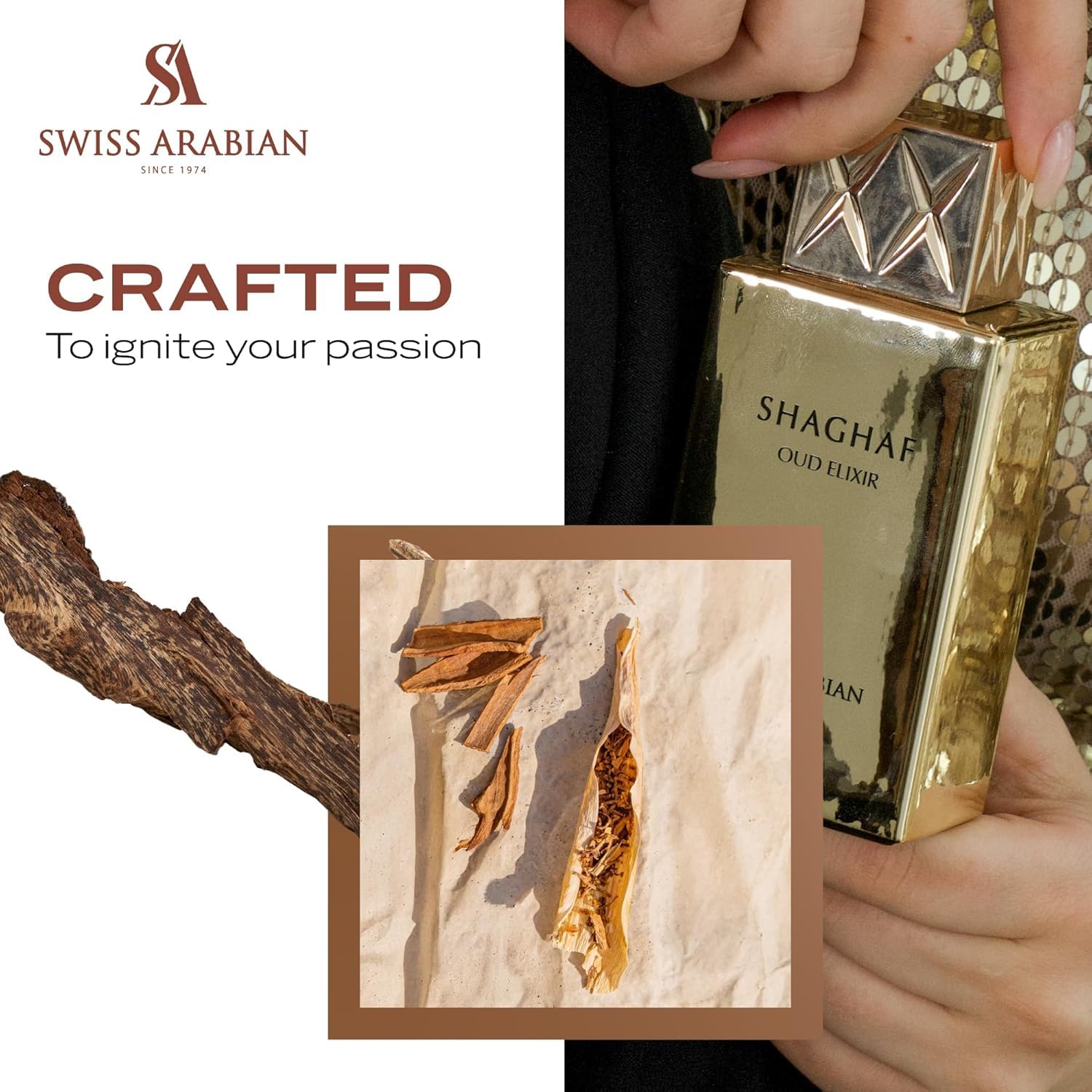 Swiss Arabian Shaghaf Oud Elixir heart notes rose sage praline