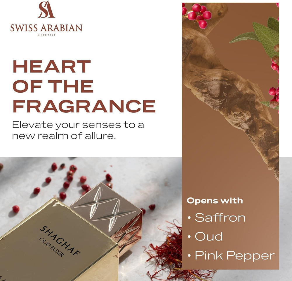 Swiss Arabian Shaghaf Oud Elixir top notes pink pepper oud saffron
