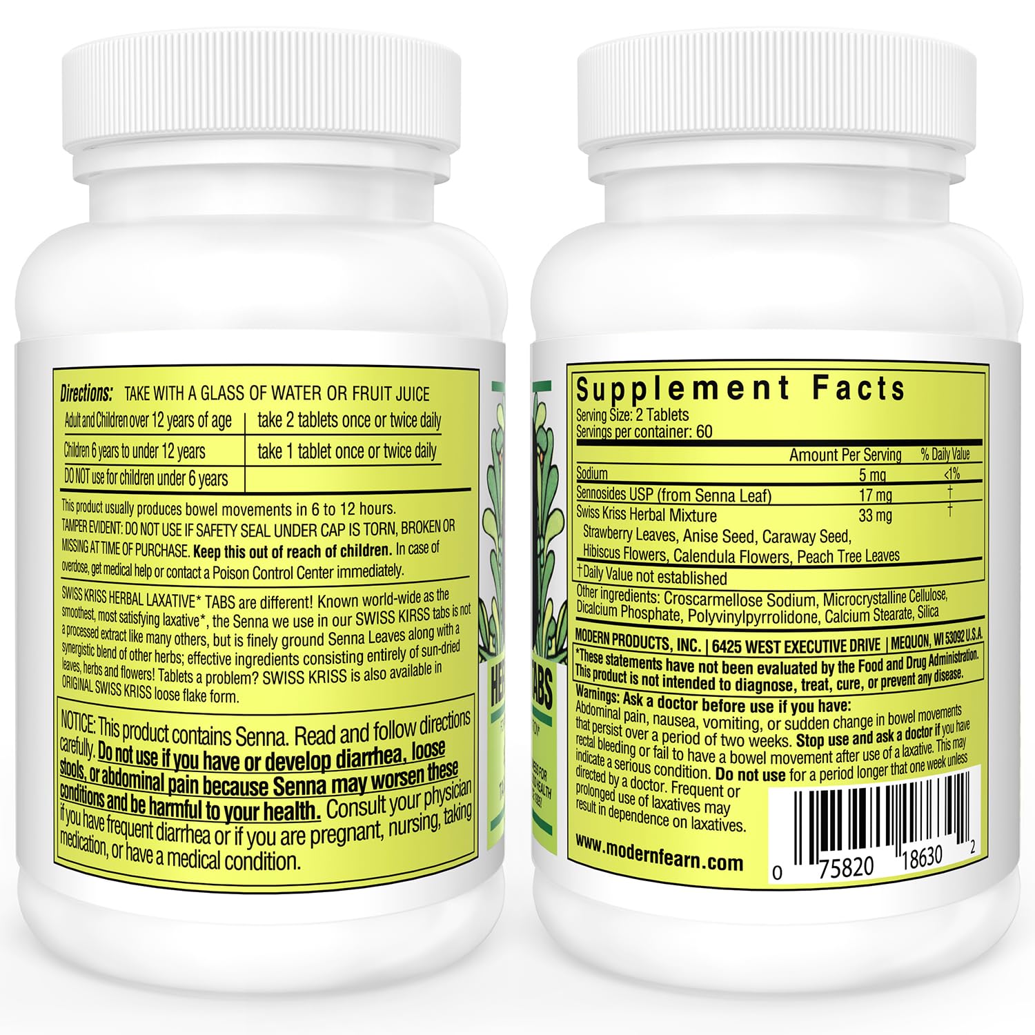 Swiss Kriss Herbal Laxative Tablets bottle side view highlighting herbal blend for gentle relief