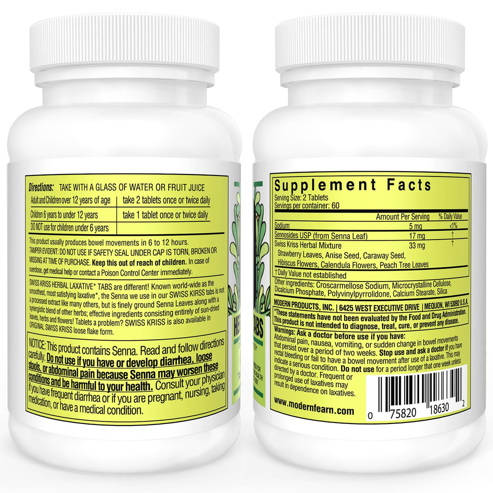 Swiss Kriss Herbal Laxative Tablets bottle side view highlighting herbal blend for gentle relief
