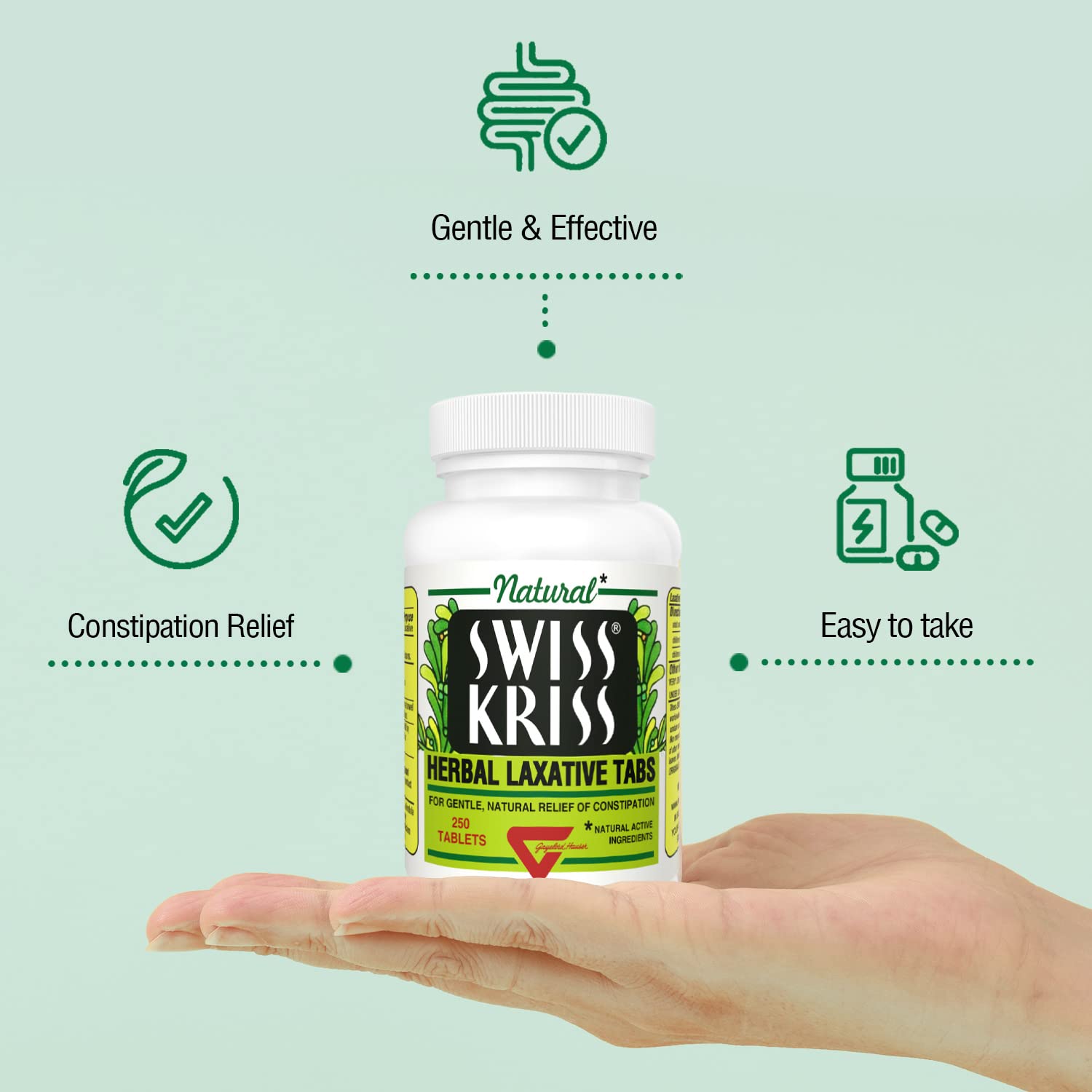 Tablets outside bottle of Swiss Kriss Laxative for easy daily use