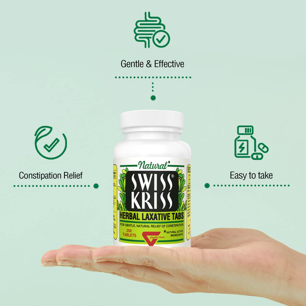 Tablets outside bottle of Swiss Kriss Laxative for easy daily use