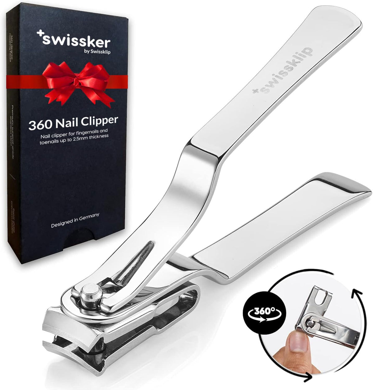 Swissker 360-degree rotating head nail clippers with ergonomic grip for precise trimming at home.