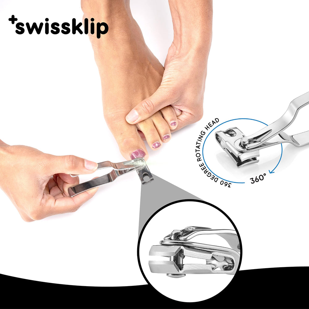 Swissker 360 rotating head enables angled clipping for hard-to-reach nails.