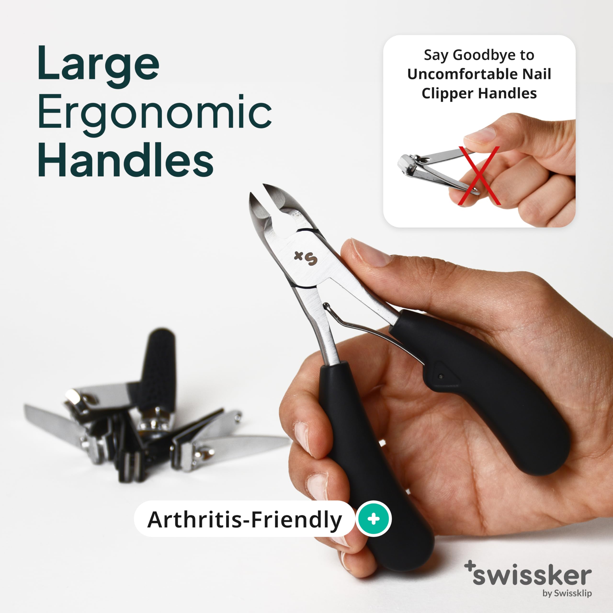 Photograph of Swissklip ergonomic nail clippers designed for comfortable trimming.