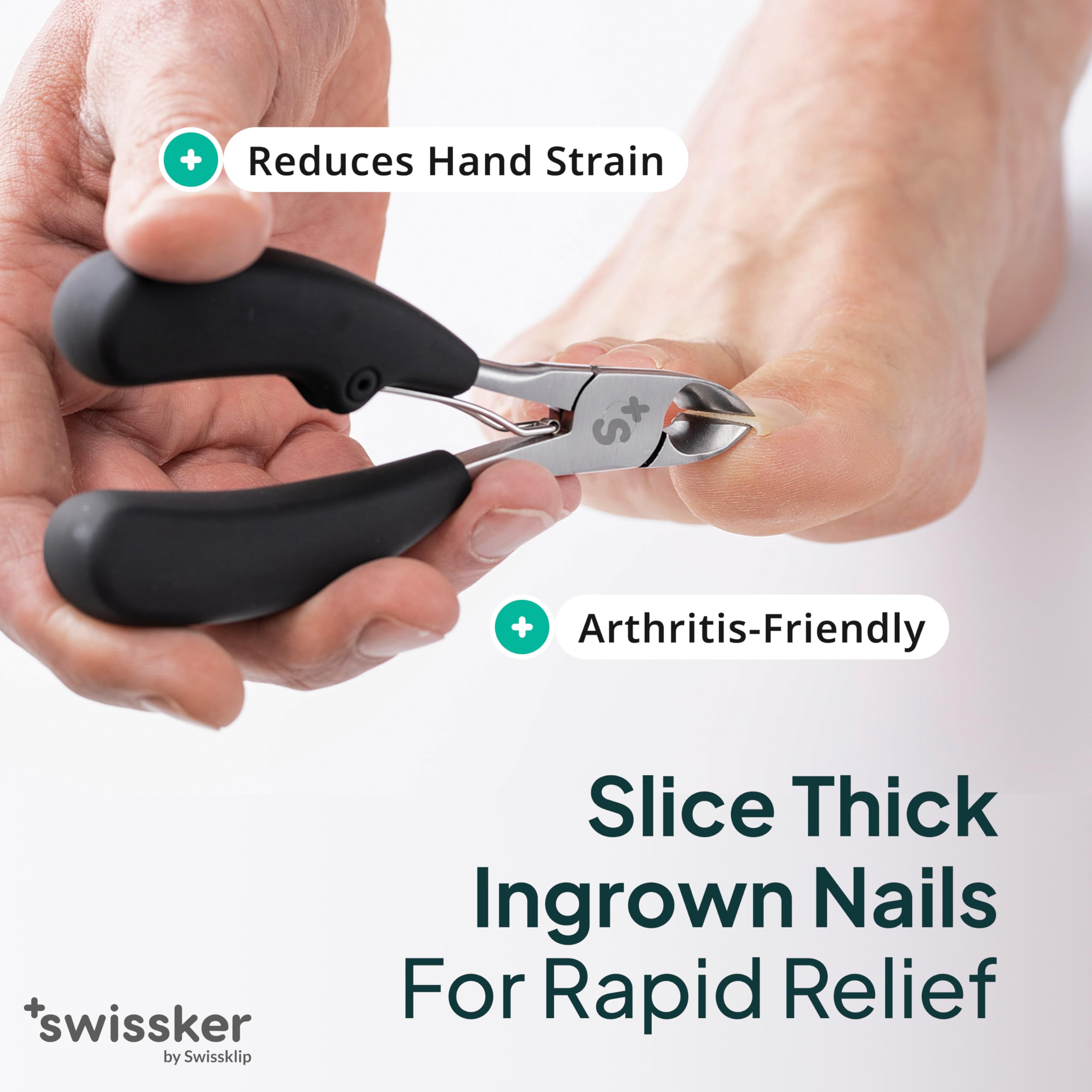 A stylish angle view of Swissklip heavy-duty nail clippers ready for use.