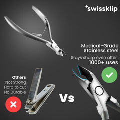 Swissklip nail nippers stainless steel close-up for clean, precise trim.