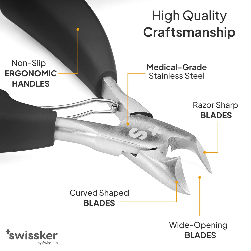 Swissklip toenail clippers held in hand for easy and comfortable use.