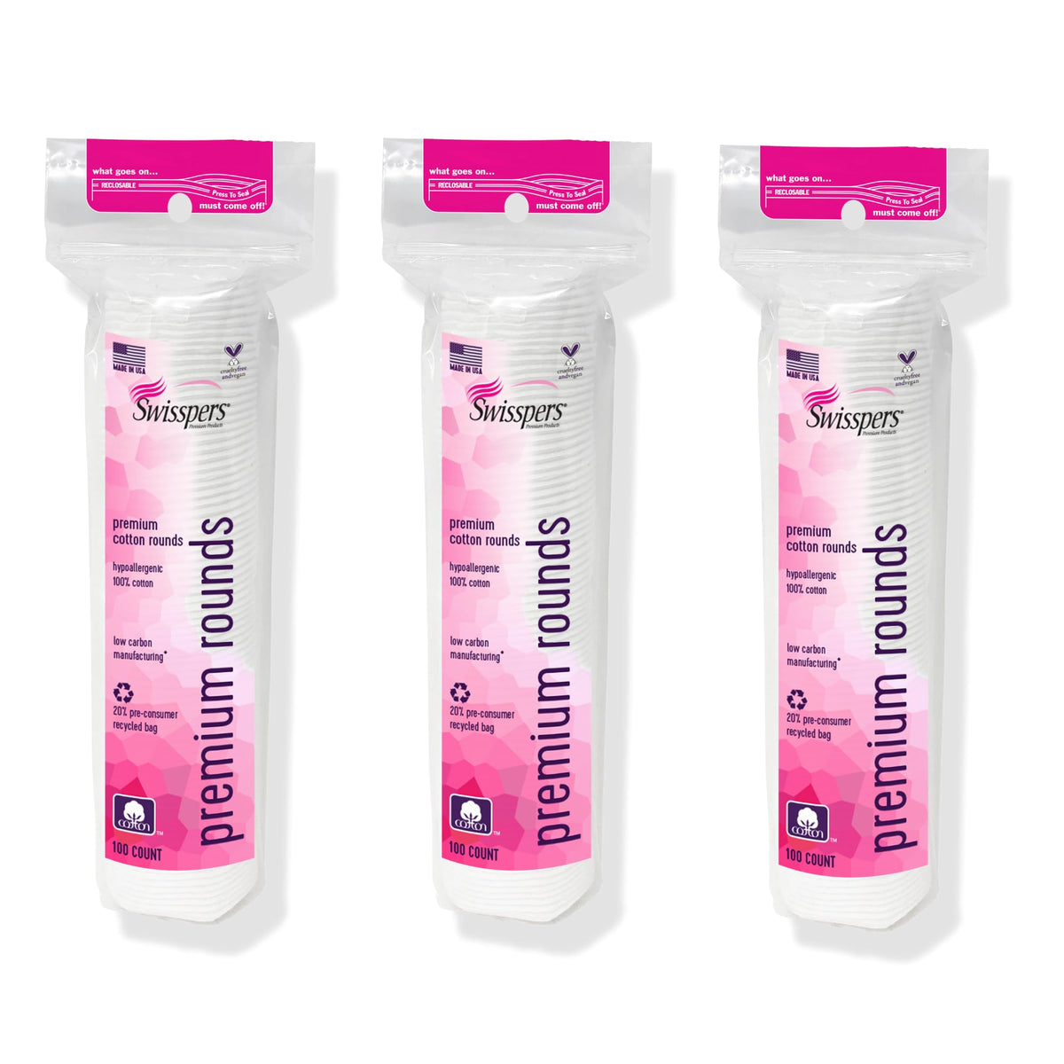 Swisspers front packaging showing three resealable 100‑count bags and convenience