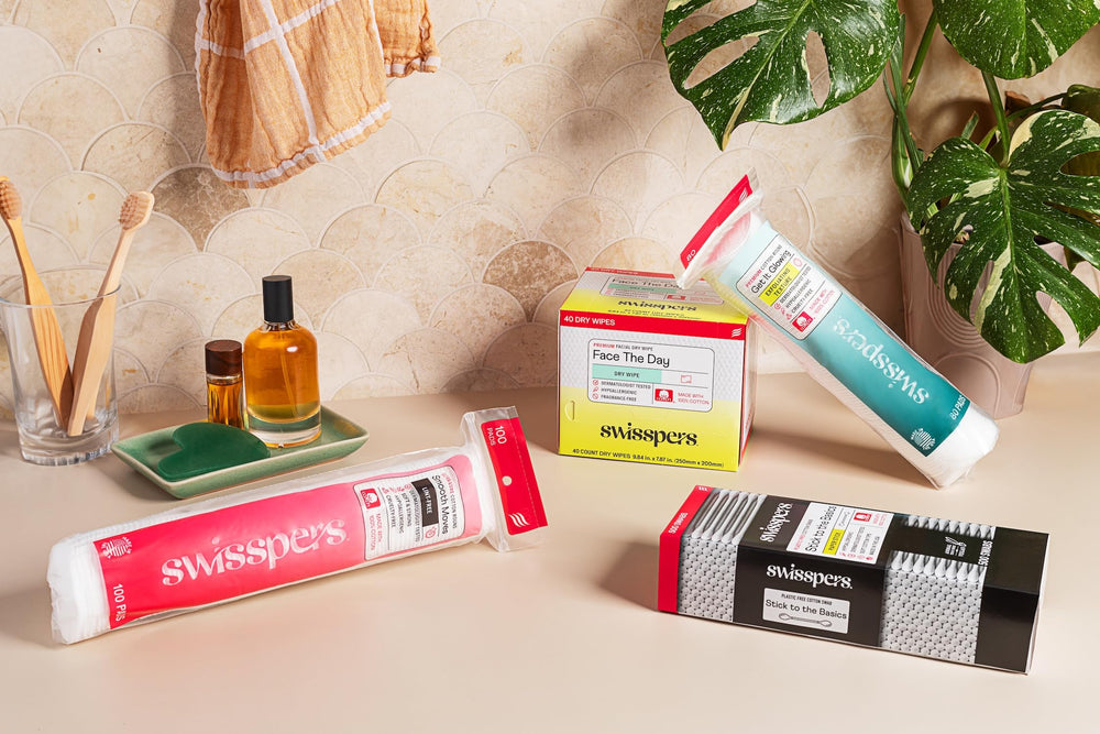 Swisspers on bathroom vanity suggesting everyday skincare routine