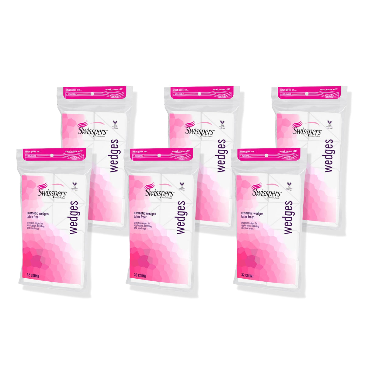 Swisspers Premium Cosmetic Wedges packaging showing six-pack set for bulk purchase