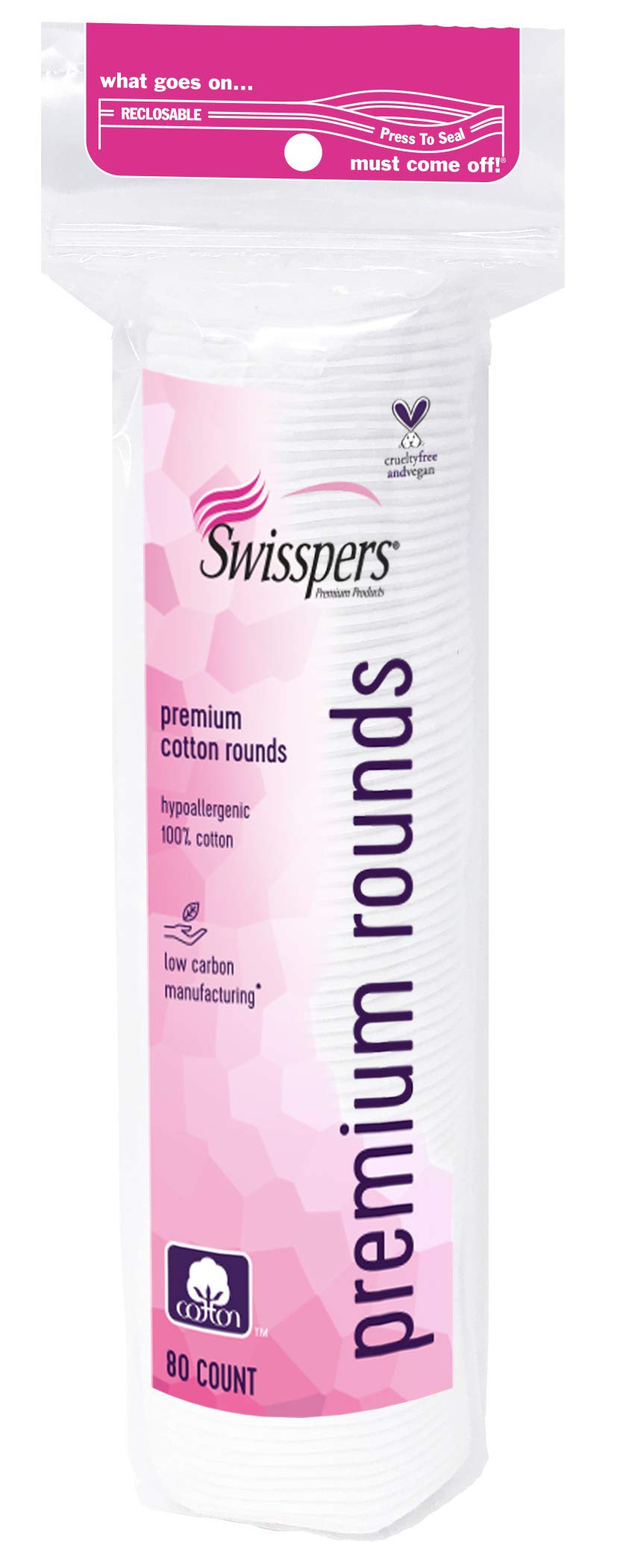 Swisspers Premium Cotton Rounds hypoallergenic label closeup emphasizing skin-friendly materials.