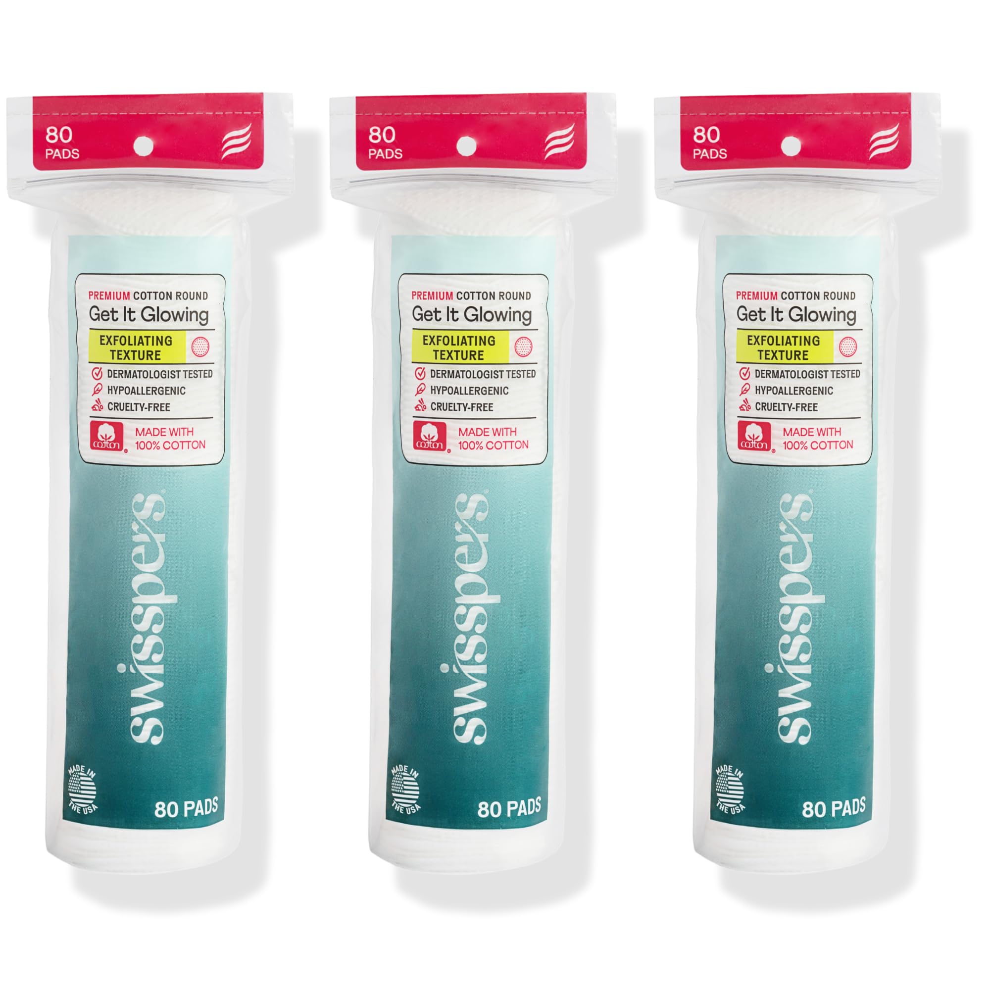 Swisspers premium exfoliating rounds box front for cleansing and makeup removal.