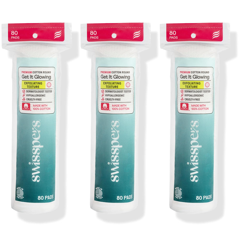 Swisspers premium exfoliating rounds box front for cleansing and makeup removal.