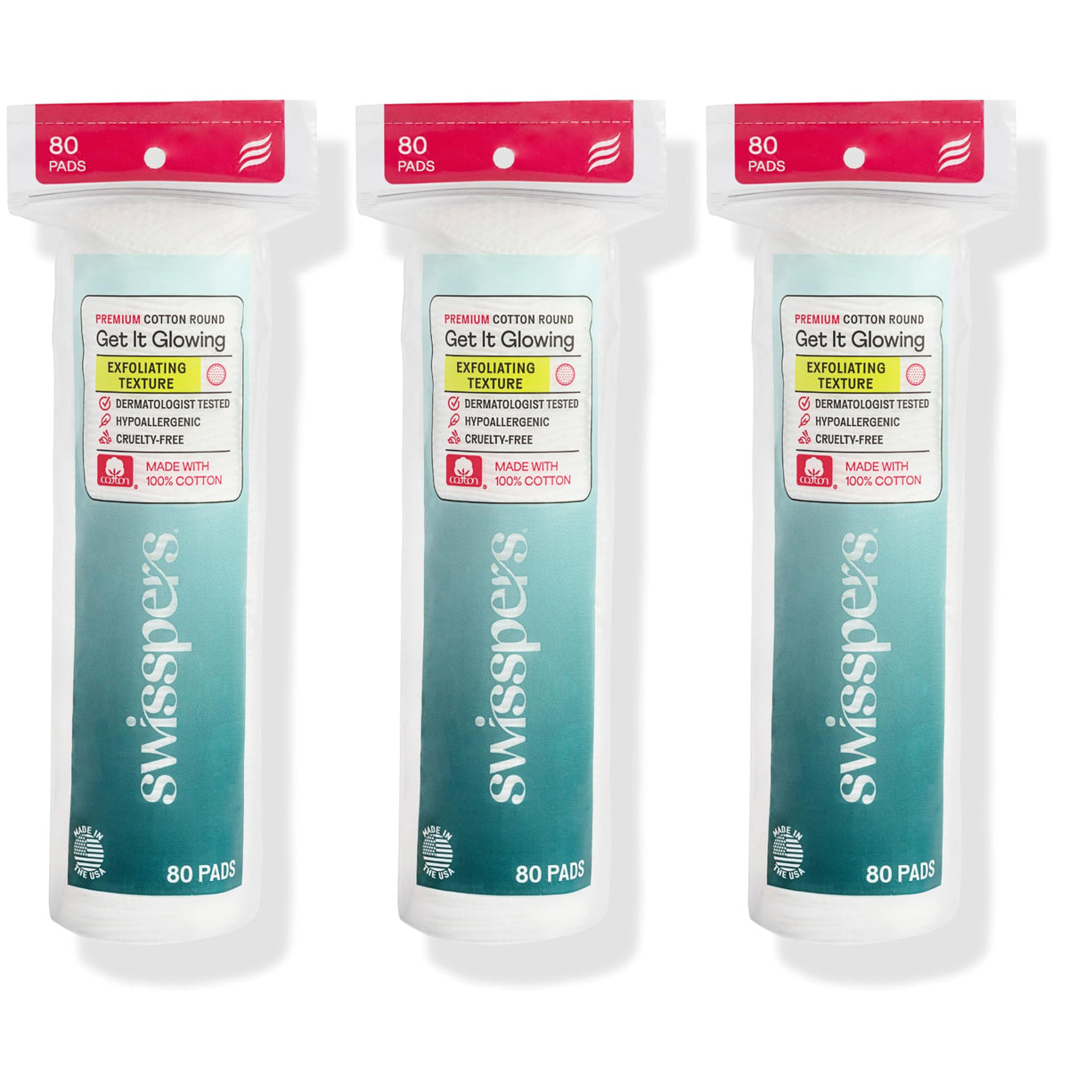 Swisspers premium exfoliating rounds box front for cleansing and makeup removal.