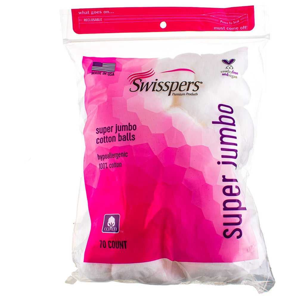 Swisspers super jumbo cotton balls pack 4 front view showing large surface for makeup removal