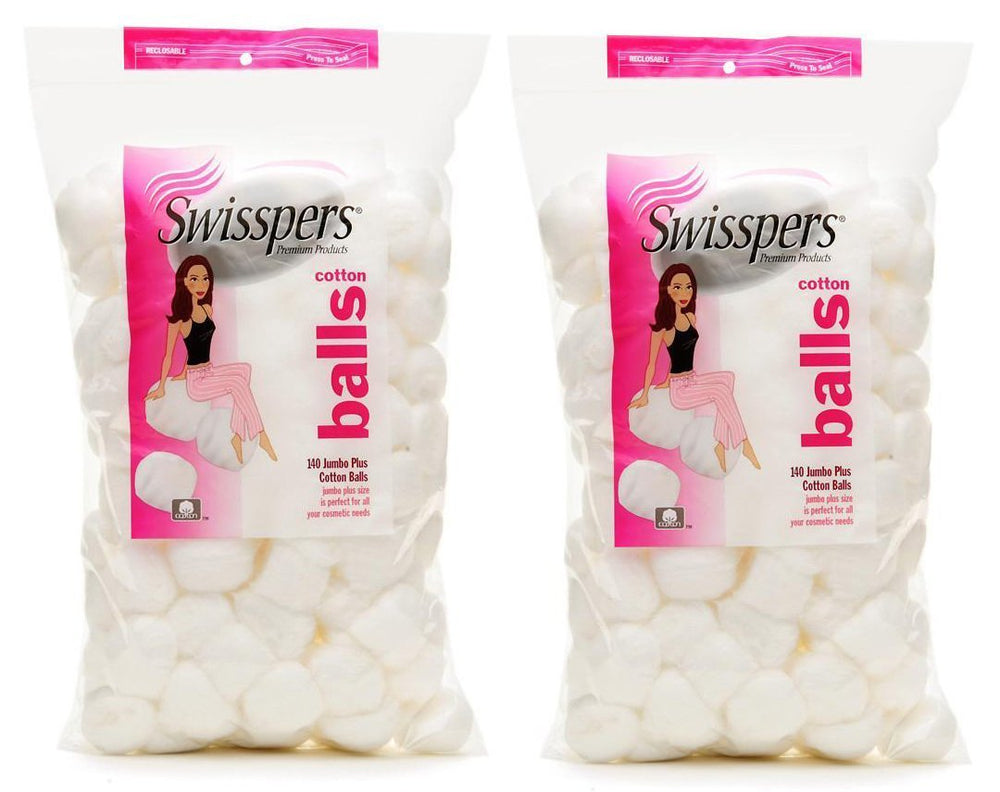 Swisspers Super Jumbo cotton balls in a two-pack, ideal for makeup removal and cleansing routines.