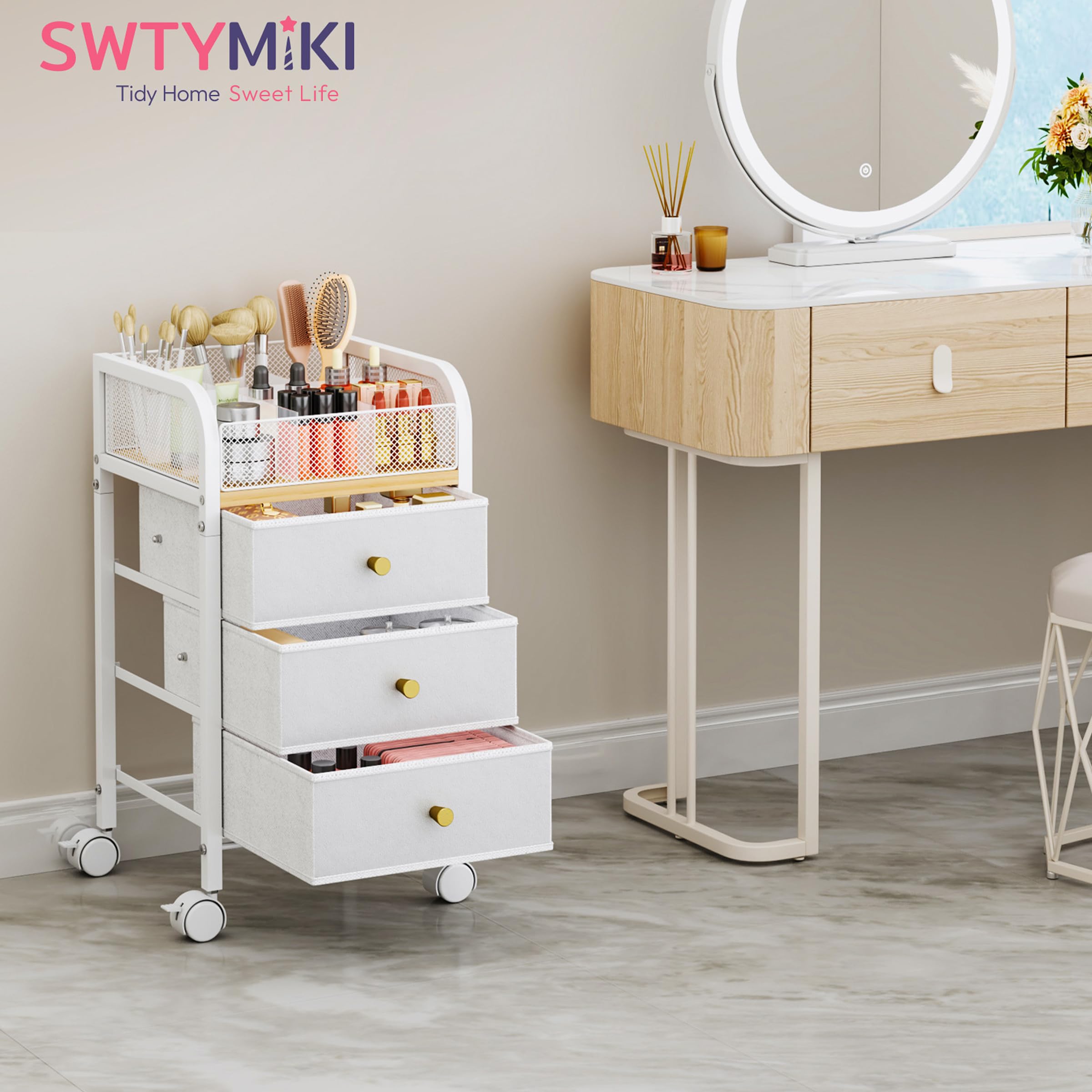 SWTYMIKI rolling makeup cart with 360 wheels for easy movement
