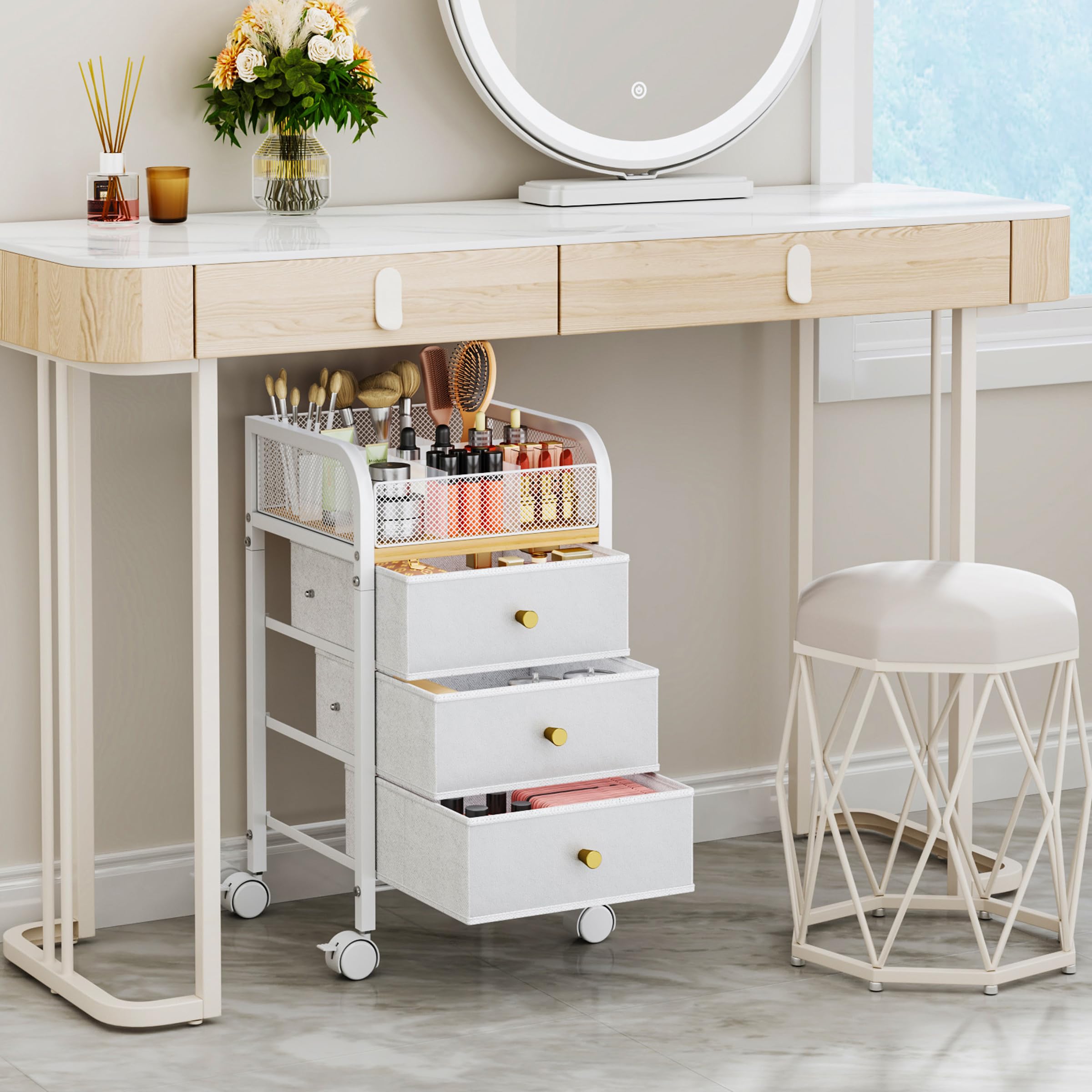SWTYMIKI rolling makeup cart drawer close-up with smooth-glide drawers
