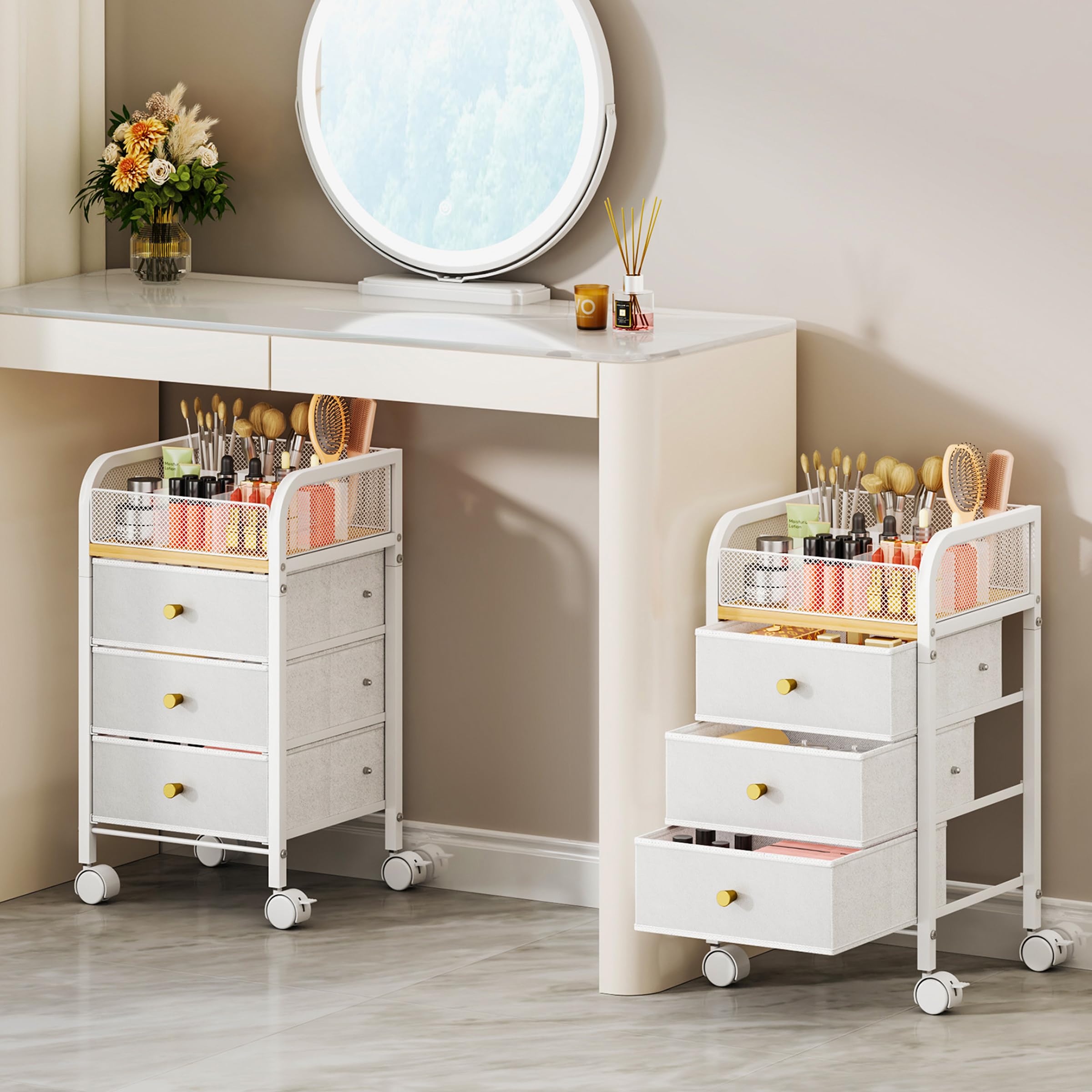 SWTYMIKI rolling makeup cart front view shows organized storage and style