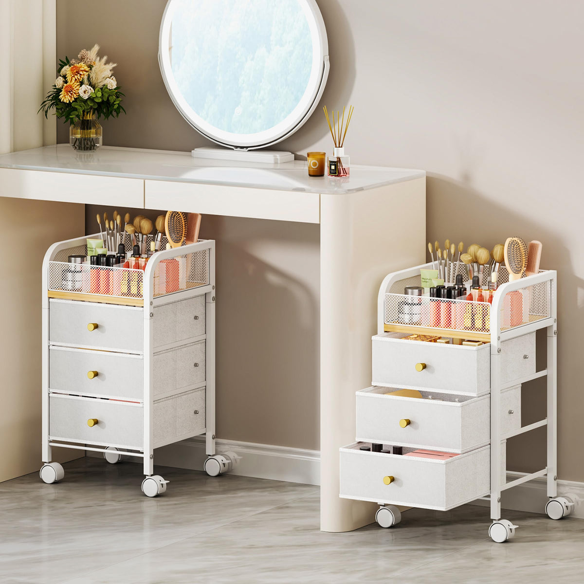 SWTYMIKI rolling makeup cart front view shows organized storage and style