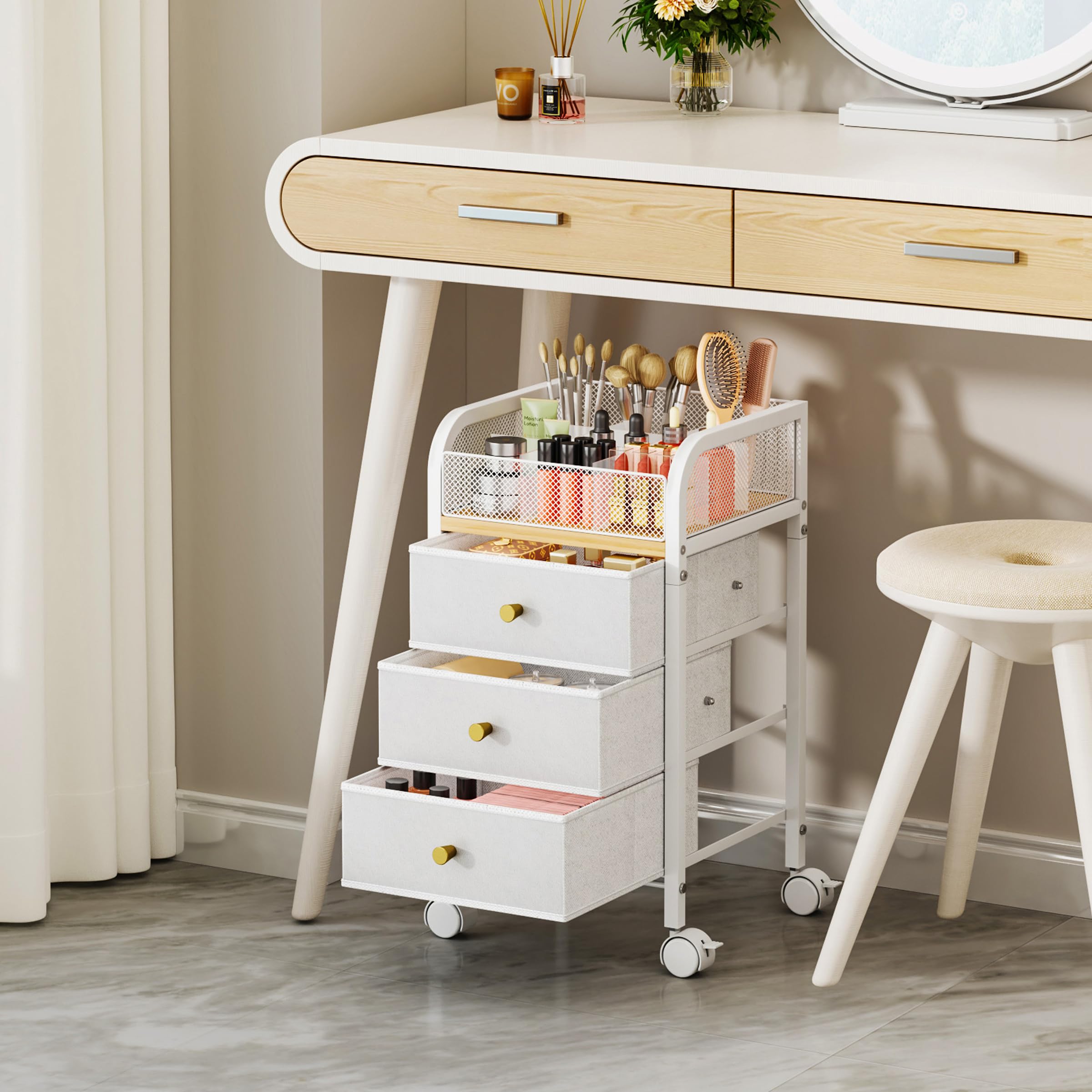SWTYMIKI rolling cart Nordic aesthetic features white finish and gold handles