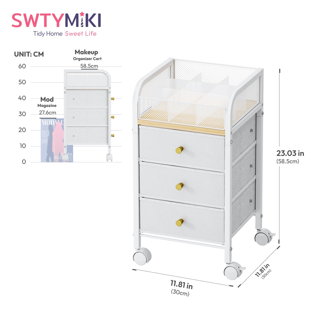 SWTYMIKI rolling cart top drawer organization highlights nine compartments