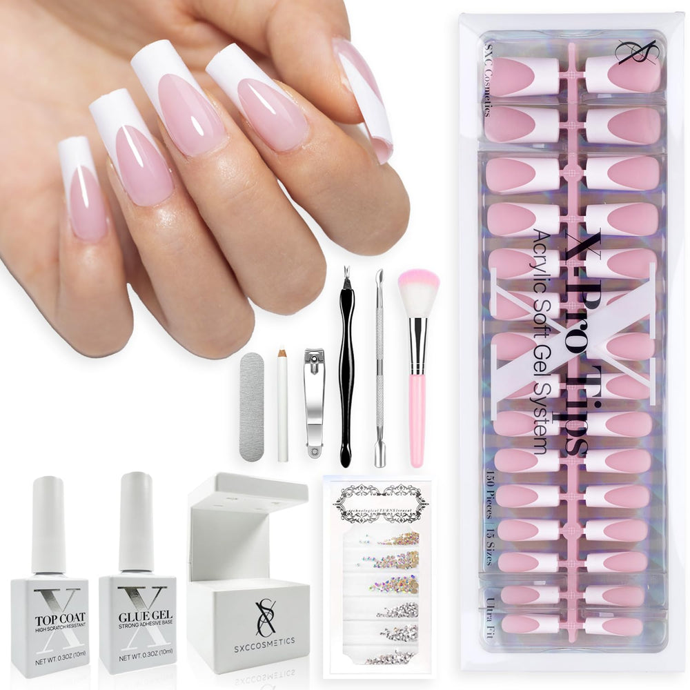 SXC Cosmetics French Tip Nails Pink Series Medium Square X-Pro tips closeup for at-home manicure convenience