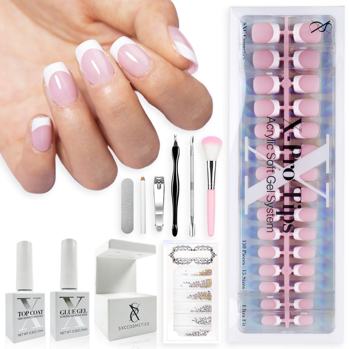 SXC Cosmetics French Tip Nails Pink Series XS Square close-up highlights timeless tips for everyday style