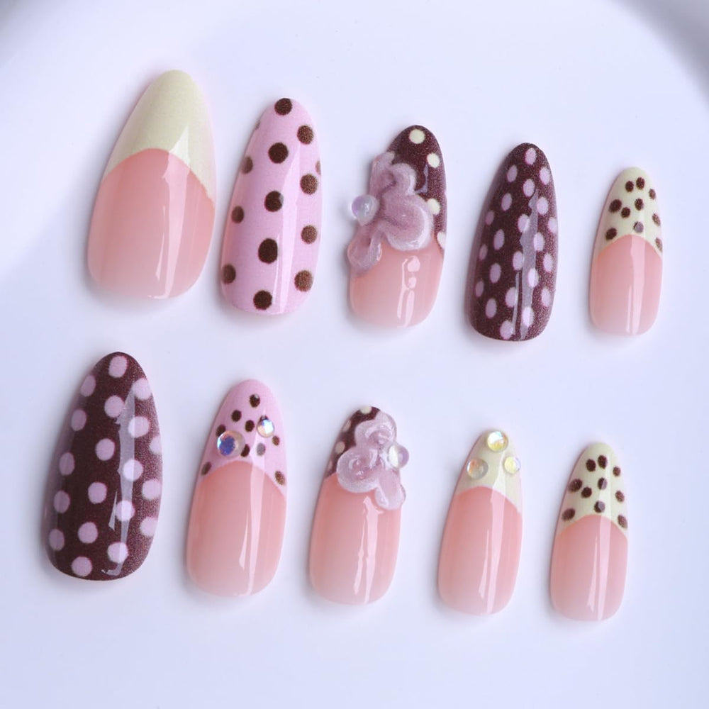 SYPAFG almond press-on nails kit image highlighting 24-piece set and sizes for perfect fit.