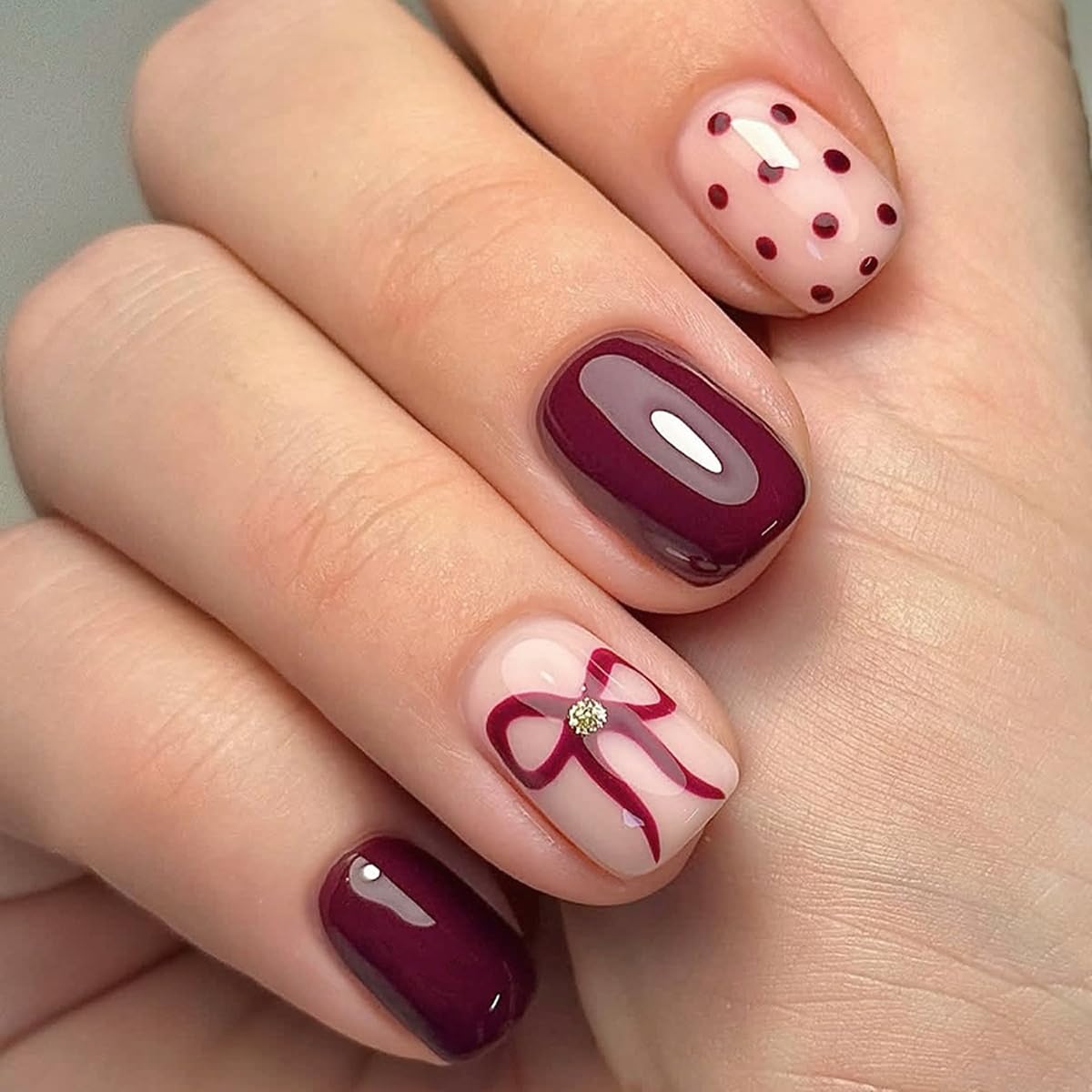 SYPAFG Christmas nails burgundy bow polka dot short square for festive shine and easy wear.